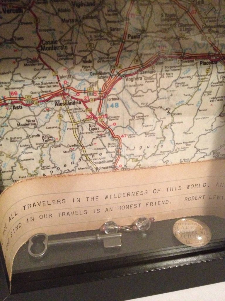 A close up look at the map inside the vintage shadowbox.