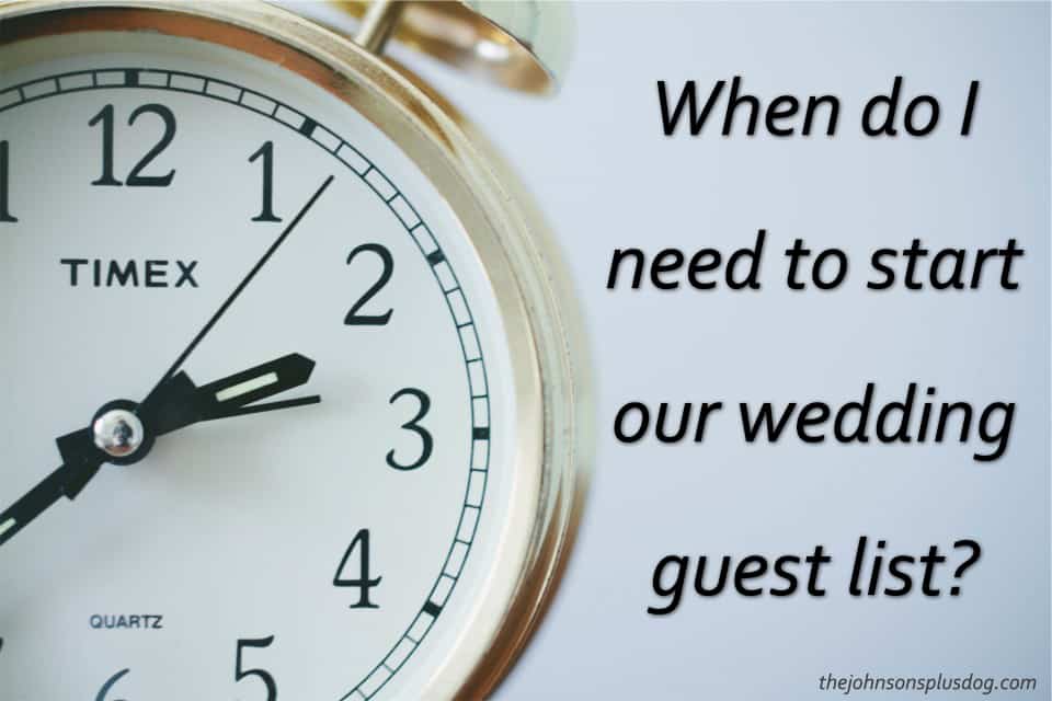 Close up picture of clock with text overlay that says When do I need to start our wedding guest list?