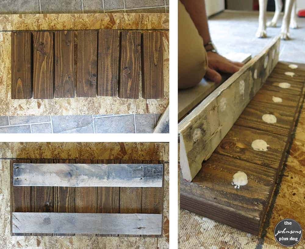 A collage of 3 images showing the process of arranging and attaching the wood boards together and adding supports.