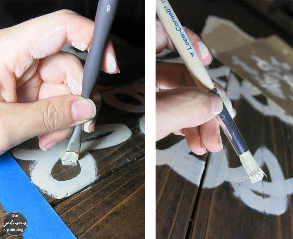 A pair of images showing the process of painting a saying onto a rustic wood sign. I'm using two paint brushes to stencil and fill in the words.