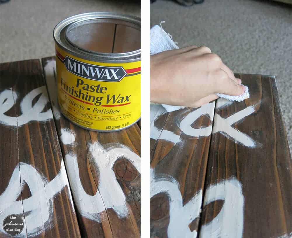 A pair of images showing the process of using finishing wax on the rustic painted wood sign. This seals in the paint and keeps it from getting ruined.