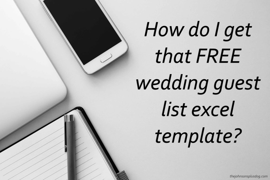 Picture of computer, cell phone and notebook on countertop with text overlay that says how to I get that FREE wedding guest list excel template ?