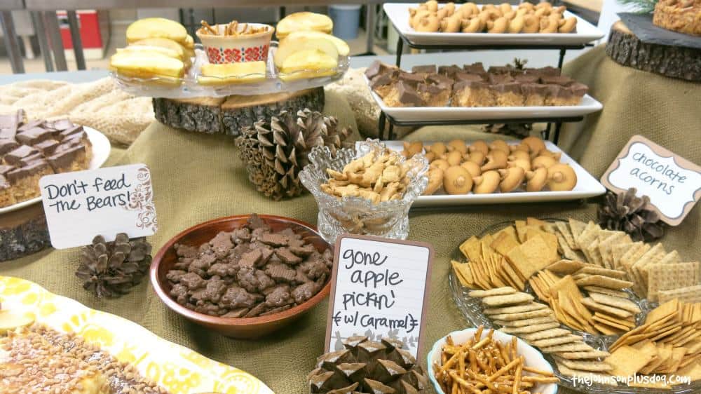 menu table for Forest themed food with labels in pinecones and various other plated woodland baby shower food