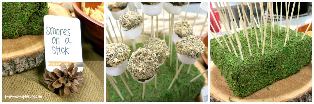 Grid of card on pine cone that says smore son a stick, close up of smore and close up of smores holder wrapped in moss