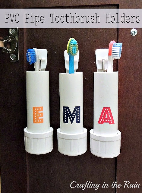 Make your own toothbrush organizer with PVC pipe to put on the inside of the cabinet door in kid's shared bathroom