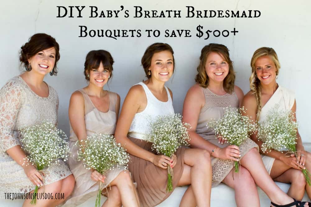 Save money on your wedding by making your own bouquets! These give bridesmaids are all holding DIY baby's breath bouquets.