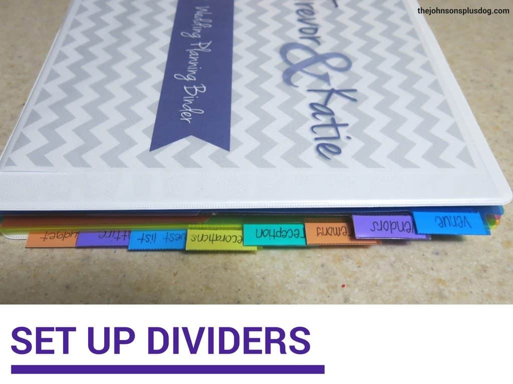 shows a binder that says Trevor and Katie wedding planner binder with dividers