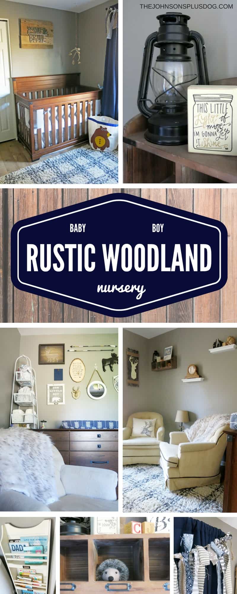 a collage of images featuring rustic nursery decor in various rooms ...with a text overlay that says... baby boy rustic woodland nursery