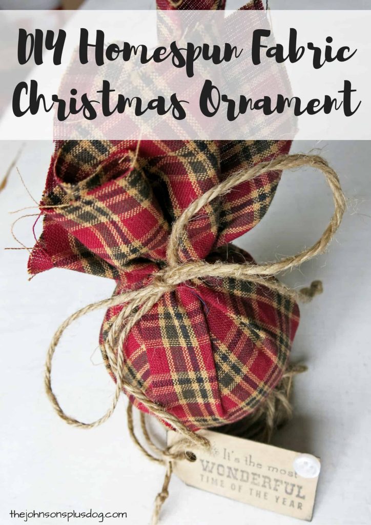 How to make a homemade fabric ornament using homespun fabric - this fabric ornament is made with red plaid fabric and jute string.