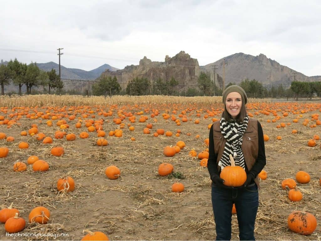 Standing in a pumpkin patch, holding a small pumpkin and getting ready for our Fall baby announcement photoshoot.