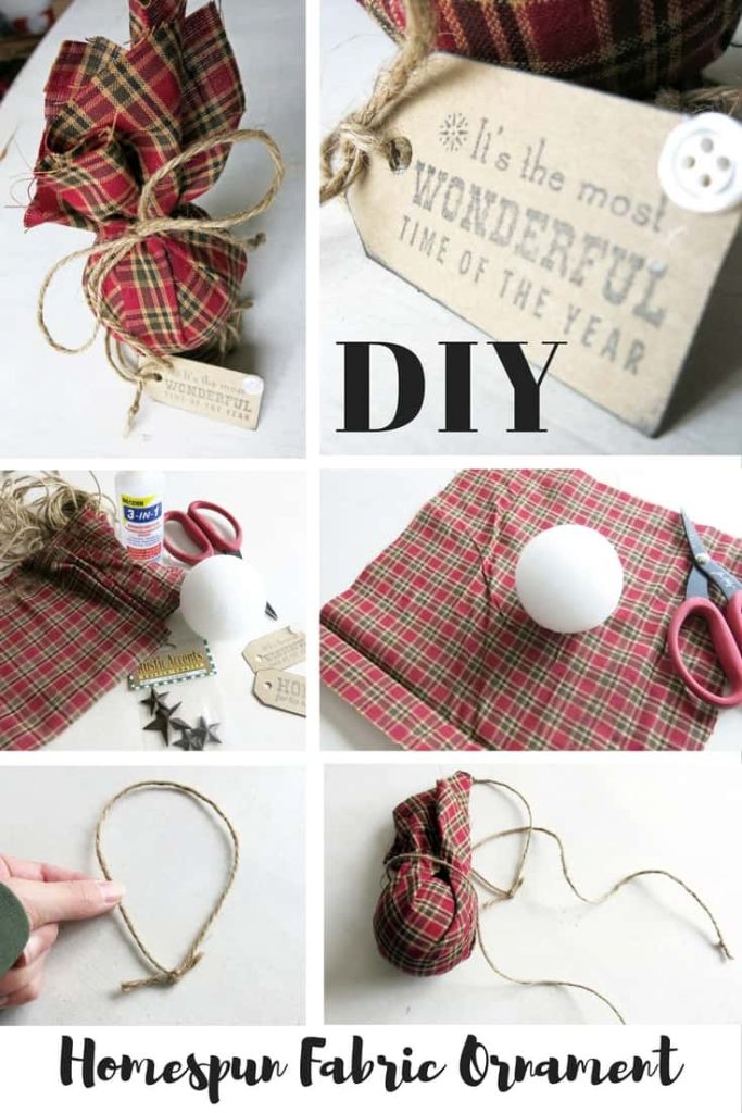 A collage of images showing how to make a homemade fabric ornament using red and green plaid homespun fabric, a foam craft ball, and jute string.