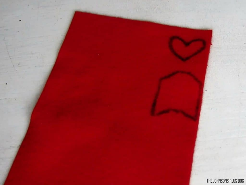 Red felt with heart and arrow bottom drawings