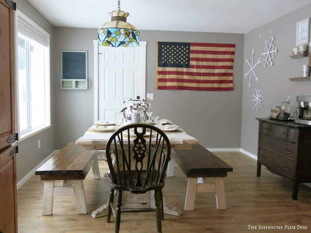 Our farmhouse style dining room is brought together with a simple winter tablescape that helps bring the room from fall into the winter season