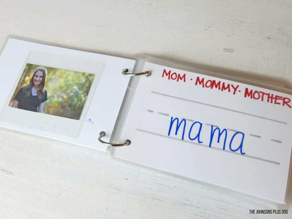 How to make a DIY baby family photo book! This photo book page shows a photo of mom, and the words 