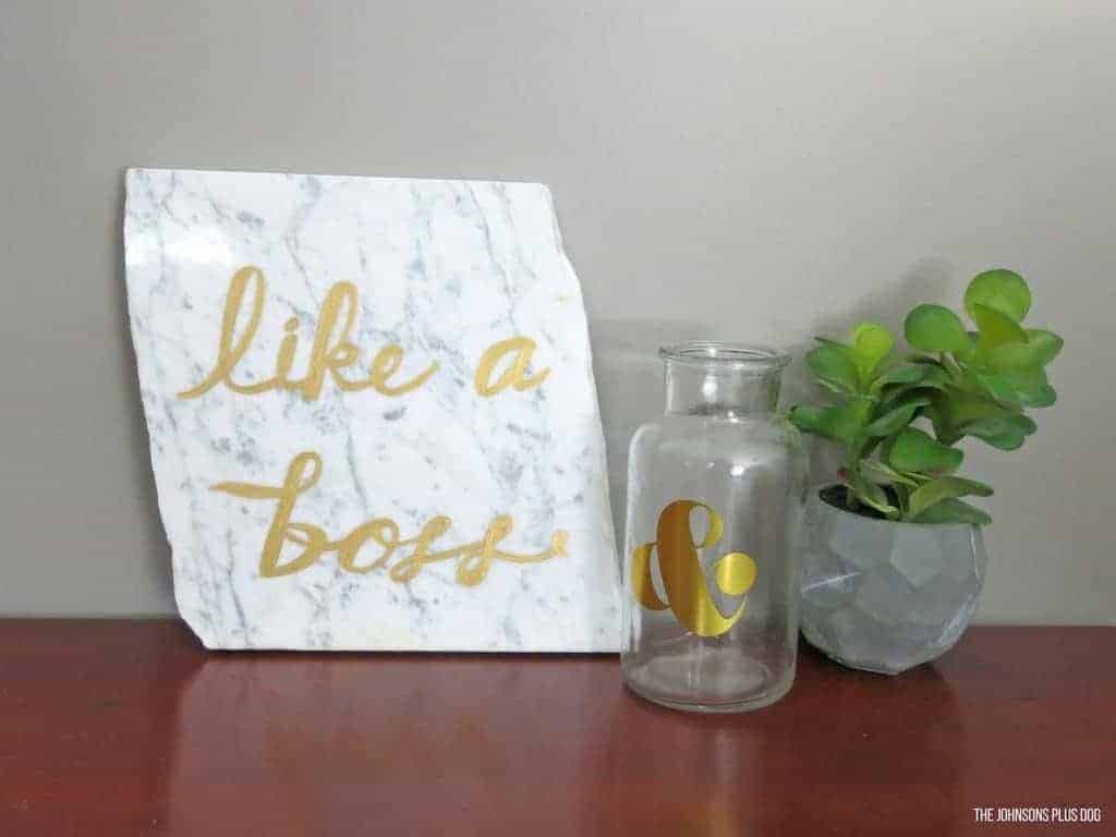 My new glam office decor - a marble tile with gold painted letters that read 