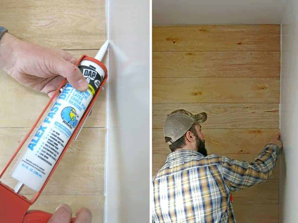 A set of side-by-side photos shows a close up of a caulk tube caulking the wall edges of the shiplap wall, and a zoomed out look at Logan smoothing the caulk with his finger.