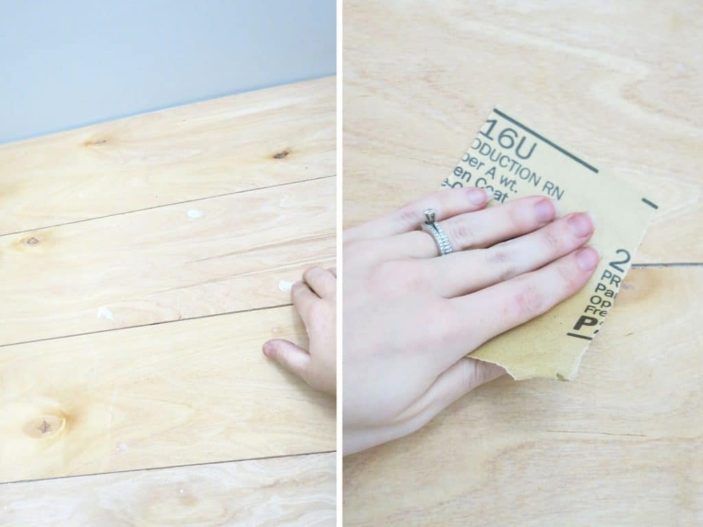 A set of side-by-side photos shows the process of filling in nail holes and sanding them down before painting the shiplap wall.