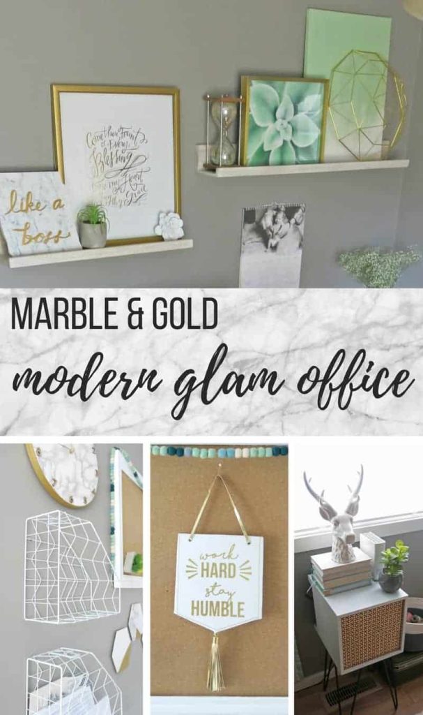 A collage of my marble and gold modern office decor.