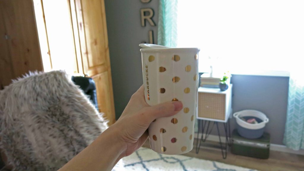 My gold polka dot Starbucks mug was an inspiration for my marble and gold home office makeover