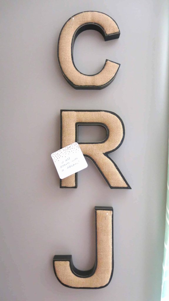 I made these wall letters with some burlap, and they also work as a convenient message board too!