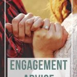 Couple with hands clasps together showing the woman's engagement ring with text overlay that says Engagement Advice