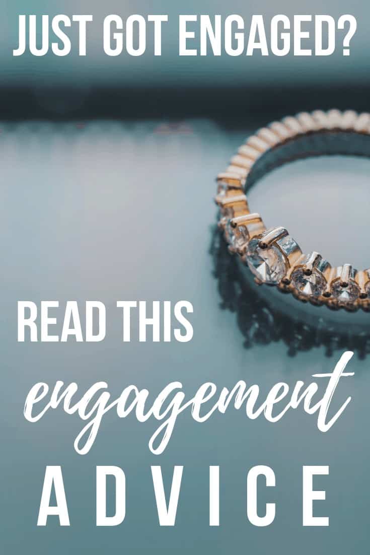 Image of engagement ring on the glass table with text overlay that says Just Got Engaged? Read this Engagement Advice.