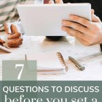 Shows a couple looking at some papers and calendar and says 7 questions to discuss before you set a wedding date