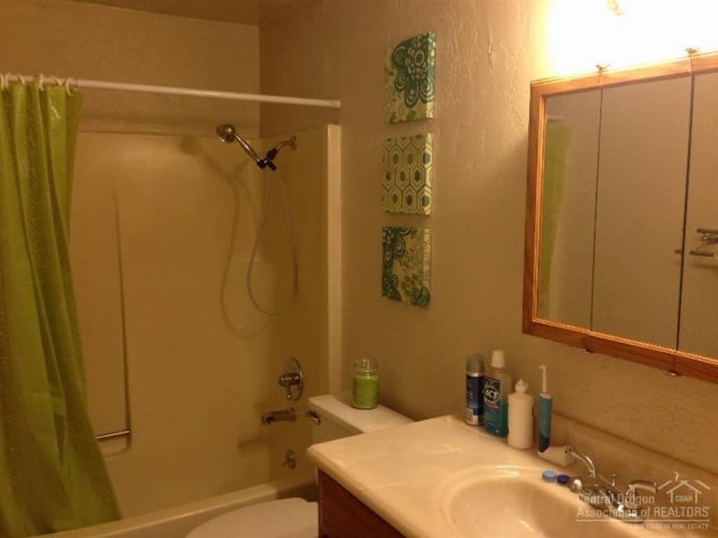 Our old front of the house bathroom, before renovations, features an outdated shower, vanity, mirror, and wall art.