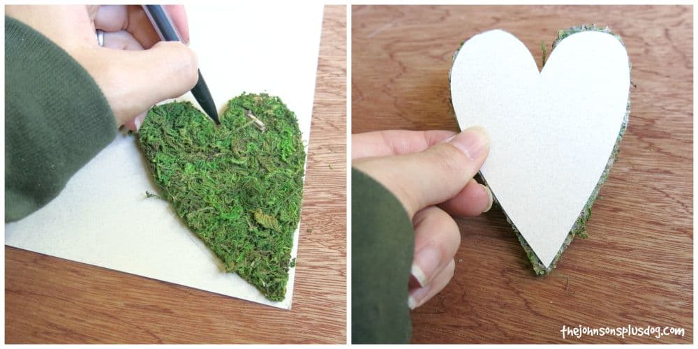 Attach a paper backing to the moss heart that will be the base of this baby shower name tag