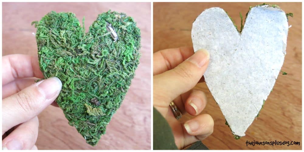 To make this adorable baby shower name tag for the mom to be, start with cutting out a moss heart