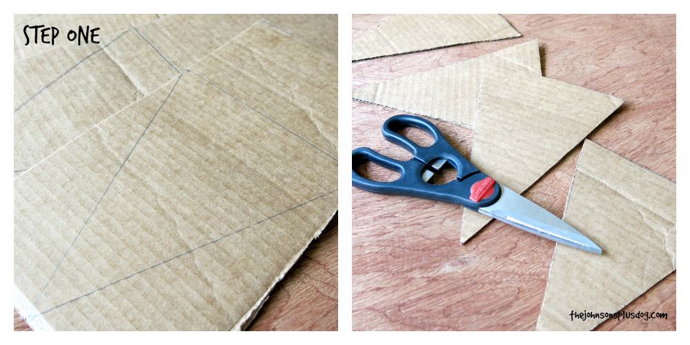 A two image collage showing the first step of making a baby shower banner. The image on the left shows sheets of cardboard with large triangle shapes drawn in pencil. The image on the right shows a pair of scissors and four cardboard triangle shapes cut out.