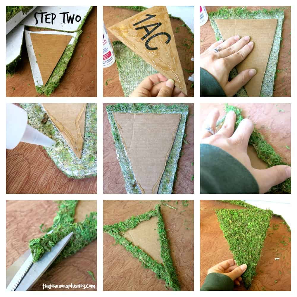 A nine image collages shows all the steps involved in covering cardboard triangle flag shapes with crafting moss. The steps include cutting moss sheets, adding craft glue, and attaching the moss to the cardboard.