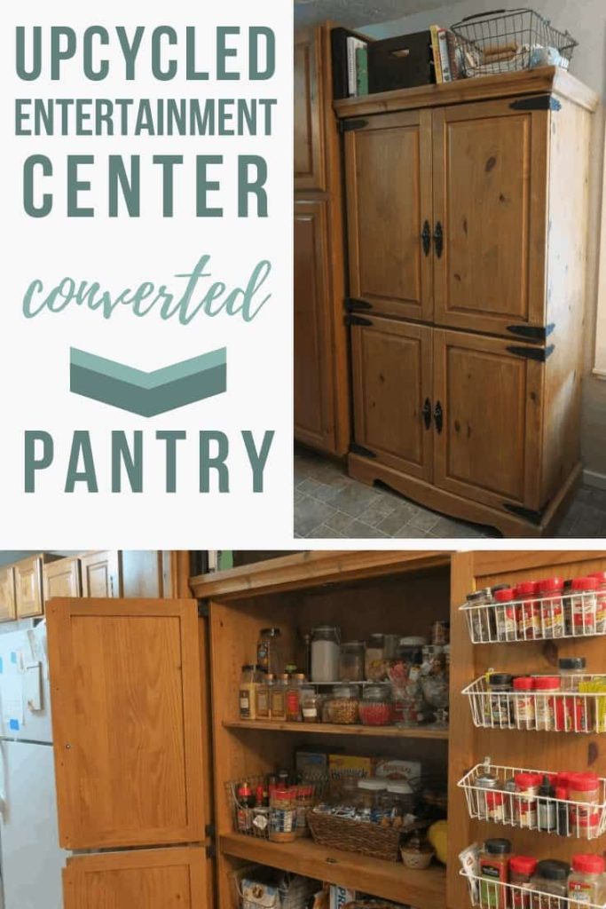 Collage of upcycled DIY pantry cabinet full image and upcycled pantry cabinet open showing doors with food stocked with text beside that says Upcycled Entertainment Center Converted to Pantry