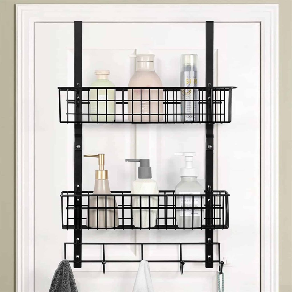 This over the door organizer is perfect for bathrooms with 2 wire baskets for storage and 4 hooks for towels and robes 