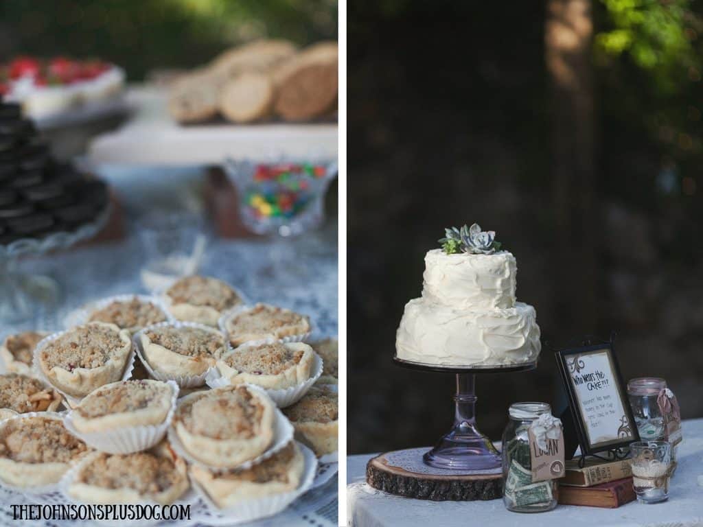 Two side by side pictures showing close up image of table filled with various desserts at a wedding as a dessert bar and right picture is showing 2 tier small wedding cake with white frosting and succulent topper with rustic table decorations around it