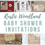Collage showing different baby shower invitations with a rustic theme with text overlay that says rustic woodland baby shower invitations