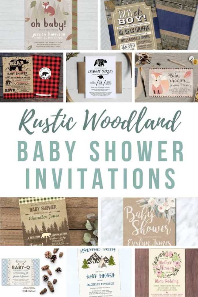 Collage showing different baby shower invitations with a rustic theme with text overlay that says rustic woodland baby shower invitations