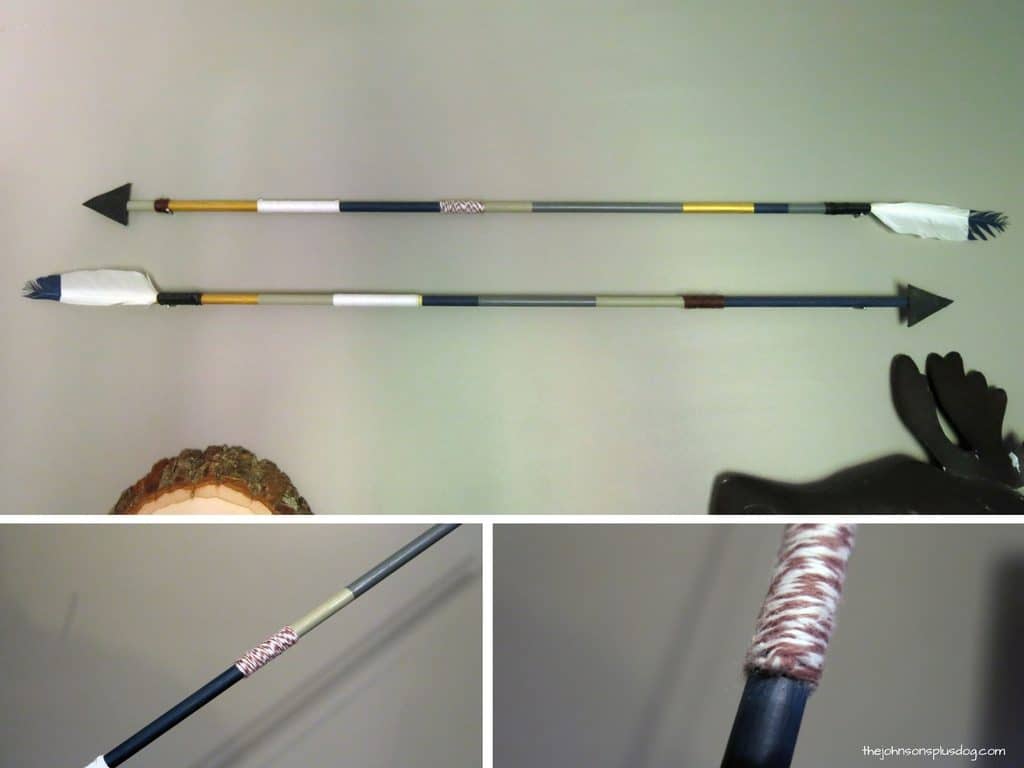 Collage of arrow placed on the wall pointing different ways, a close up of the middle of the arrow with string