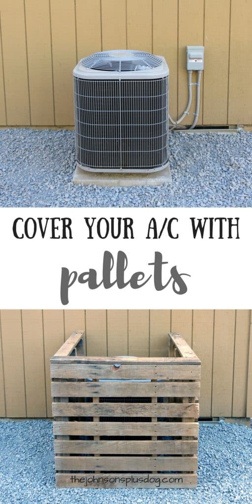 Learn how to cover your AC unit with pallets using this convenient wood AC unit cover! Before and after photos show an uncovered AC unit, and an AC unit covered with a DIY pallet wood cover.
