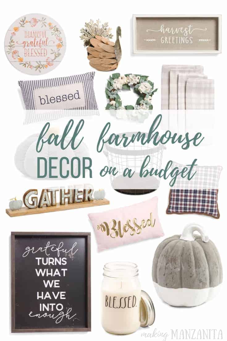 Photo collage of fall farmhouse decor with Fall Farmhouse Decor on a Budget