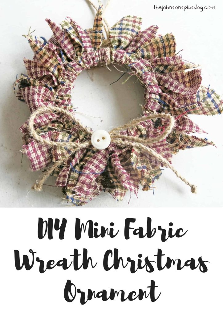 How to make homemade fabric ornaments - a mini fabric wreath ornament made with homespun fabric and jute twine.