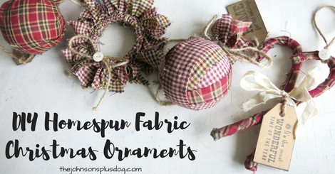 How to make four different homemade fabric Christmas ornaments using handspun fabric, jute string, and craft glue.