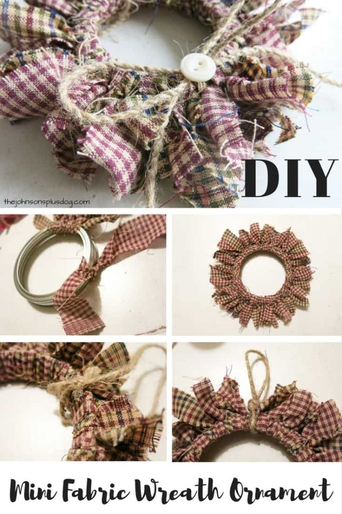 A collage of images showing how to make a mini wreath homemade fabric ornament, using strips of homespun fabric and a mason jar lid.