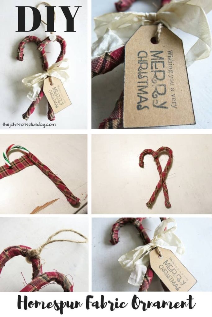 A collage of images showing how to make homemade fabric ornaments, made with homespun fabric, jute string, and a stamped gift tag.