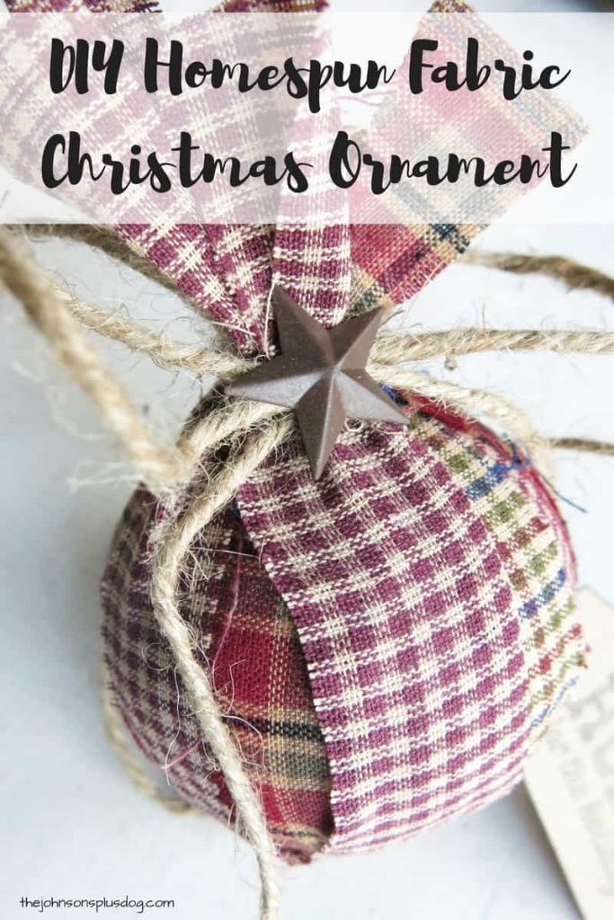 How to make a homemade fabric ornament - this homemade ornament is made with red plaid fabric, jute string, and star adornments.