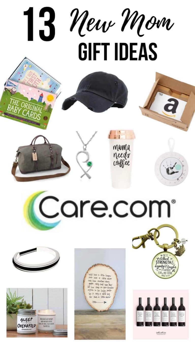 Nursery sign, baseball cap, the mommy pendant, Mommy Milestone wine labels, babysitting, sleep is overrated candle, gift card, handprint/footprint Christmas ornament, hair tie bracelet, inspirational keychain, mama needs coffee cup, milestone baby cards, Leather travel tote, essentials bundle with text overlay that says 13 New Moms Gift Ideas