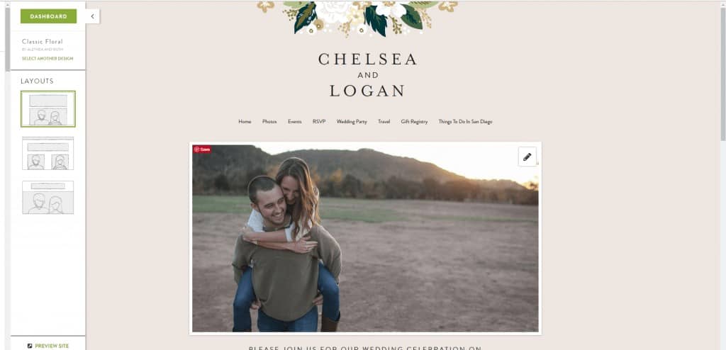 A screenshot of a free template for a Minted wedding website using the classic floral theme - a tan background, floral header image, and design bar on the left of the screen.