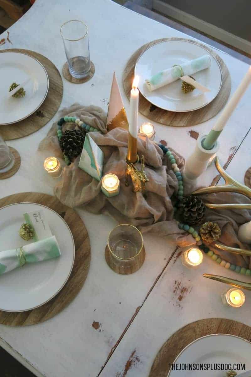 Use scarf for a table runner | Mint & Gold Modern Christmas Tablescape | Modern Christmas | Modern Farmhouse | Farmhouse Christmas | Mint and Gold | Rustic Modern Christmas | Christmas Table Ideas | Mid Century Christmas | Table inspiration for Modern Christmas