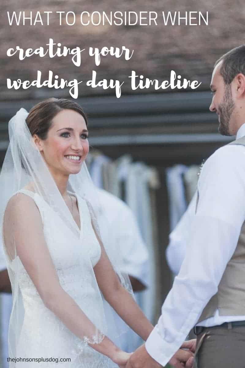 Newly wed holding hands with text overlay that says What To Consider When Creating Your Wedding Day Timeline
