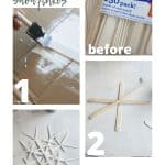 Step by step on how to create a popsicle stick snowflakes with text overlay that says Popsicle Stick Snowflakes